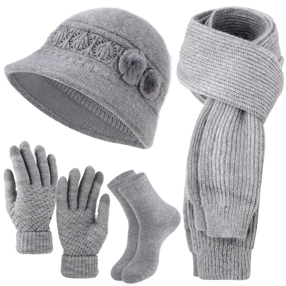 3160 4 Pcs Winter Warm Hat Scarf Gloves Sock Set Wool Beanie Skull Cloche